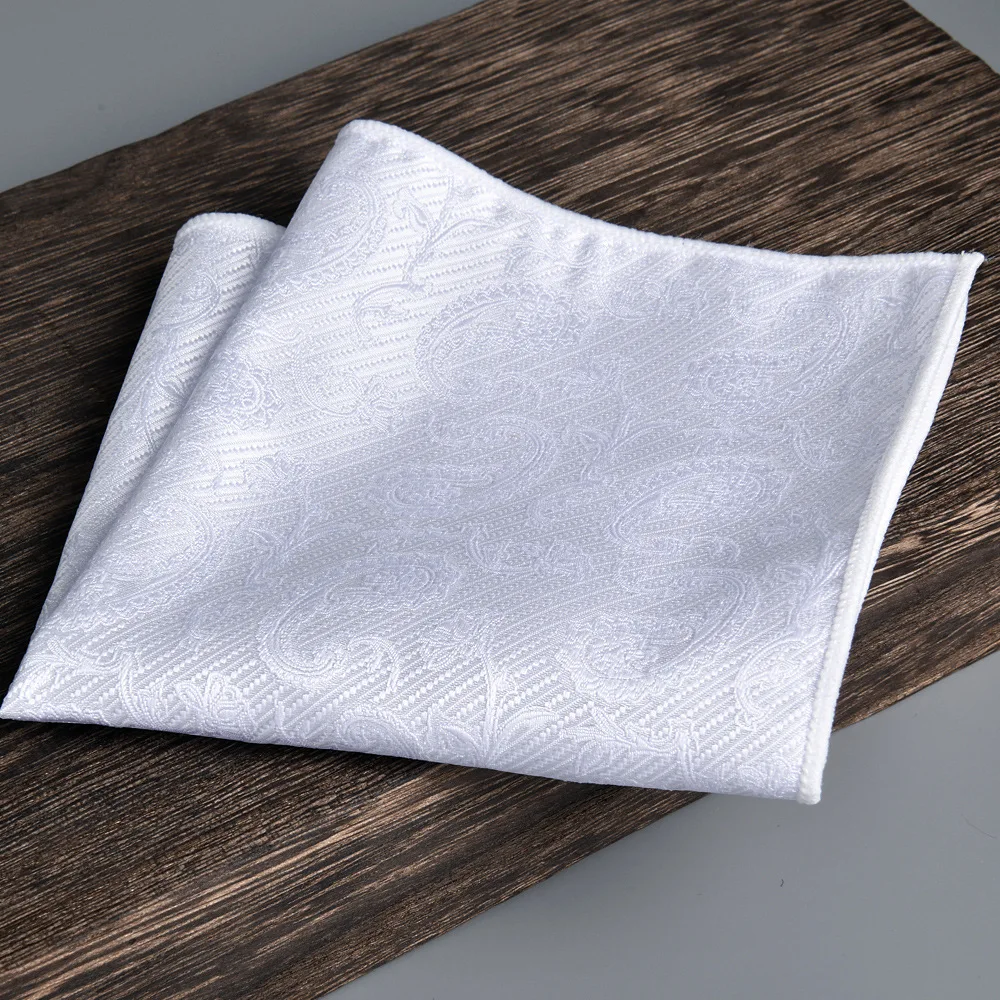 Men White Paisley Jacquard Pocket Square 23cm Fine Edging Business Formal Suit Handkerchief Daily Wedding Party Accessory