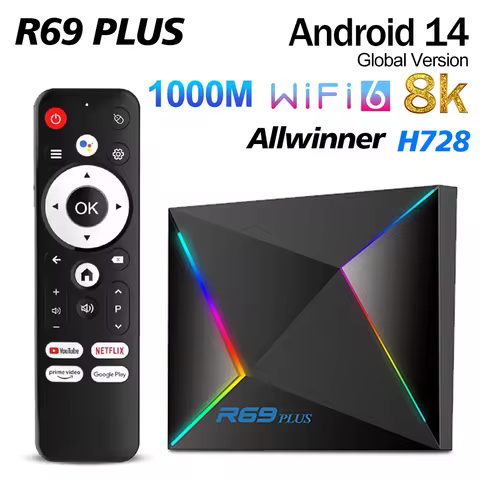 R69 Plus Android 14 Smart TV Box Allwinner H728 BT5.0 1000M 8K HD USB3.0 4G32G /64G WiFi6 Set Top Box Media Player