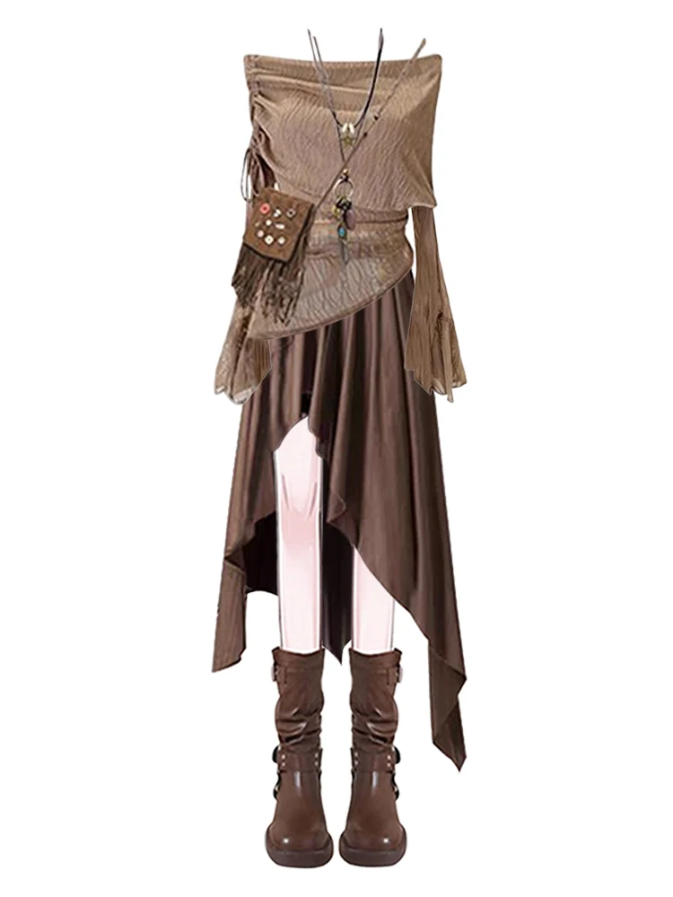 Set Dua Potong Rok Asimetris Pinggang Tinggi Awal Musim Gugur dan Atasan Panjang Satu Bahu untuk Wanita, Pakaian Kasual Modis