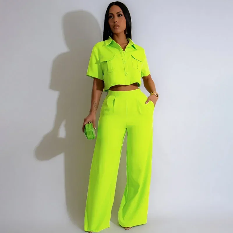 

Solid Elegant Pant Sets Womens 2 Piece Outfit Summer 2025 Turn-down Collar Button Up Pockets Shirt Top and Wide Leg Pants Suit