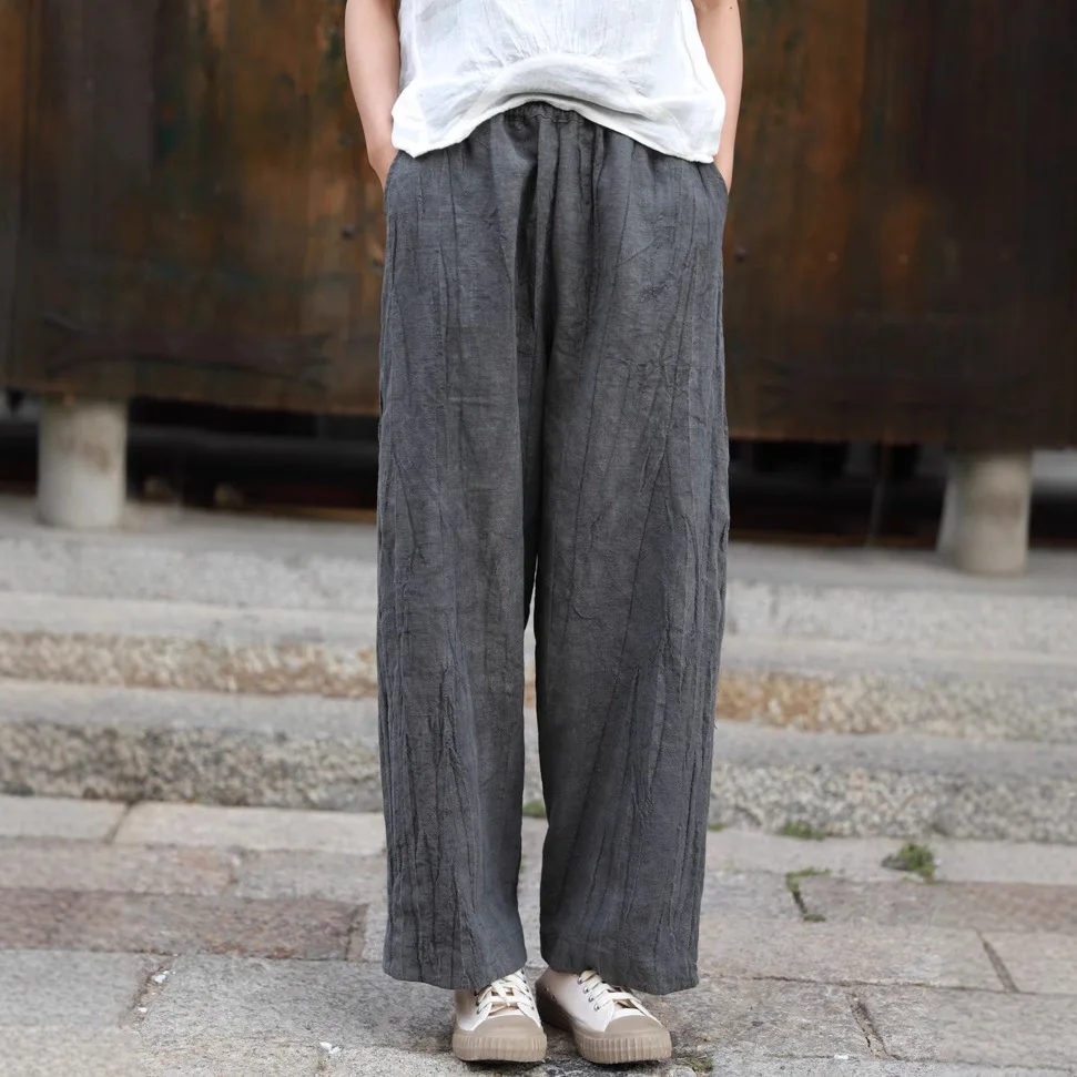 Dirty Dye Printed Casual Straight  Wide Leg Pants Women's High Waist Loose Fit  Spring New High Quality Linen Causal Trousers