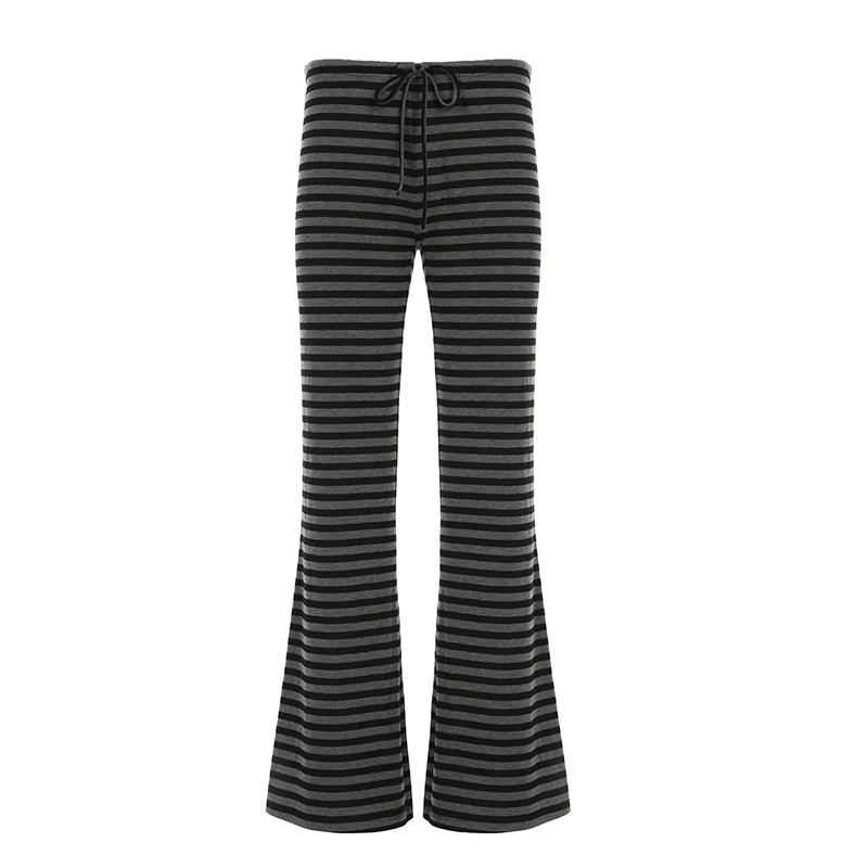 Casual Striped Bandage Wide Leg Pants Basic Loose Mid-Waisted Pants Women 2025 Autumn Spring Fashion Streetwear Homewear Ladies