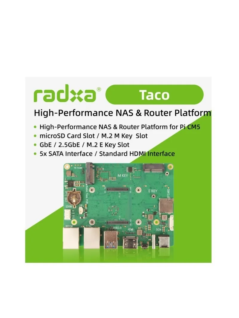 Platforma Radxa Taco NAS i Router, wysokowydajna płyta, kompatybilna z Raspberry Pi CM5, system pamięci masowej i sieci. — 2