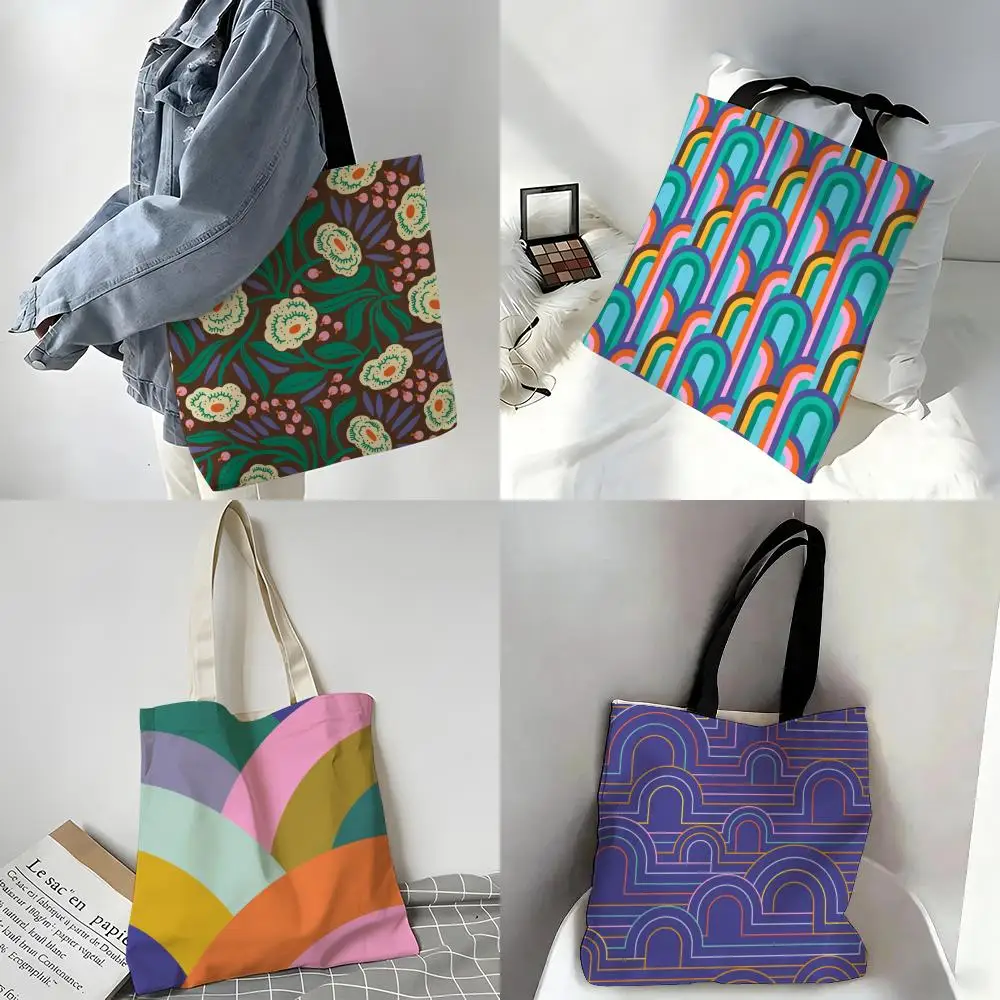 Bolsas de almacenamiento, bolso de hombro portátil informal, bolso de compras ligero, bolso de lino reutilizable, flores modernas, E-Elizabeth Olwen 1