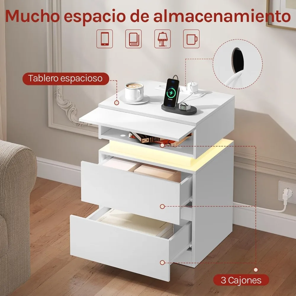 2X Mesitas Noche con Estacional Carga، Mesitas Auxiliares con Luz LED، 2 Cajones، 2 Puertos y 2 Enchufes، Mesilla para Dormitorio #6