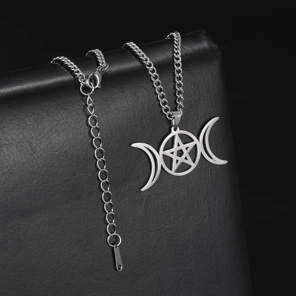 Kkjoy Stianless Steel Triquetra Moon Necklace Wiccan Triple Goddess Pentacle Pentagram Necklace Religious Amulet Chock Jewelry