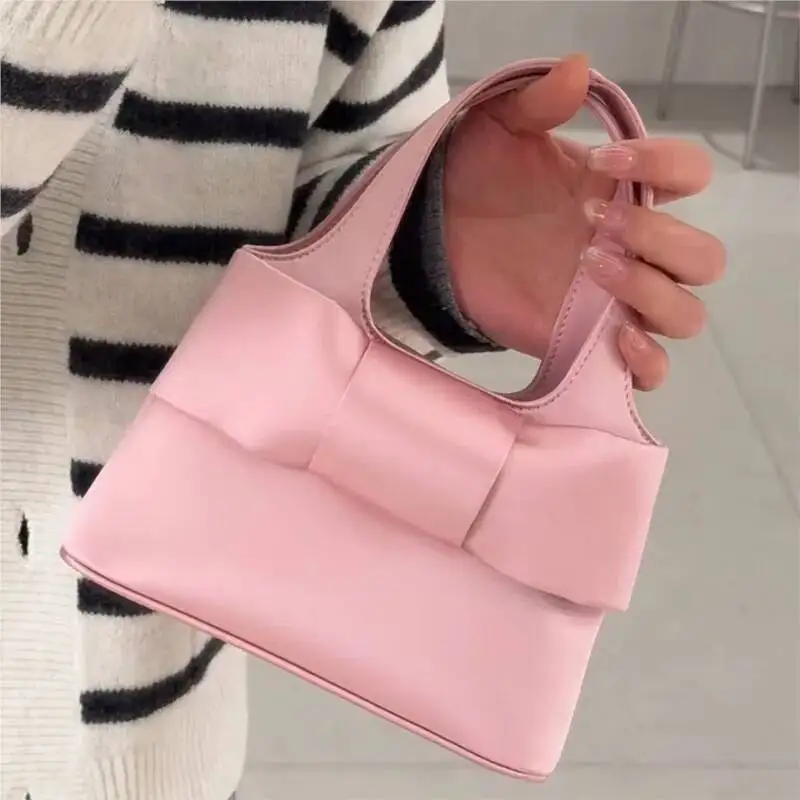 Bloom Sweet Cute Pink Hand Bag Wallet Women Fairycore Aesthetic Bow Satin Handbag Purse Girls Retro Shoulder Crossbody Bags
