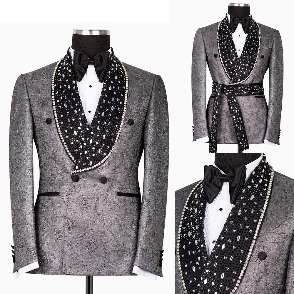 

Luxury Rhinestone Wedding Suits 2 Pieces Blazer Double Breasted Formal Prom Jacket Slim Fit Evening Party Tuxedos Custom Made