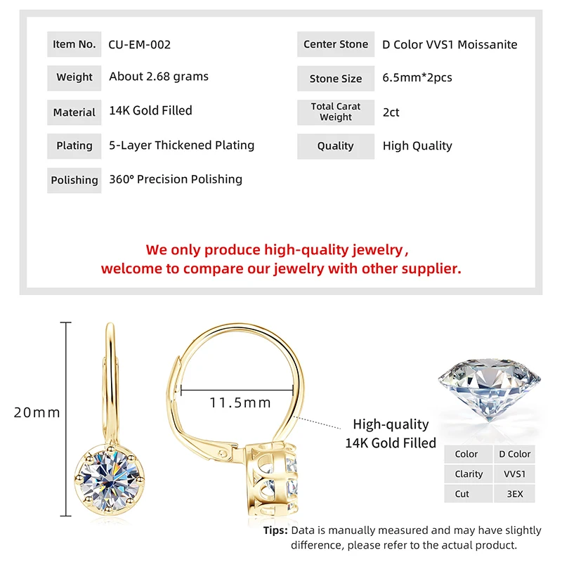 Lnngy Funkelnde GRA-zertifizierte Moissanit-Diamant-Ohrringe für Damen, 14 Karat Gold gefüllt, 6,5 mm, Einzelstein-Creolen-Ohrring-Schmuck – Detail 1