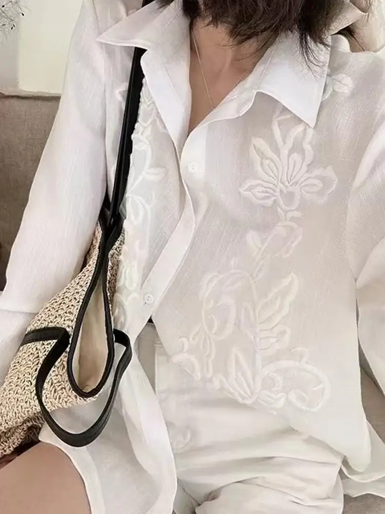 Wczesna Jesień, Ciężki Haft, Biała Bluzka, Damska, Ekskluzywna Europejska Moda, Unikalna, Elegancka, Piękna Bluzka