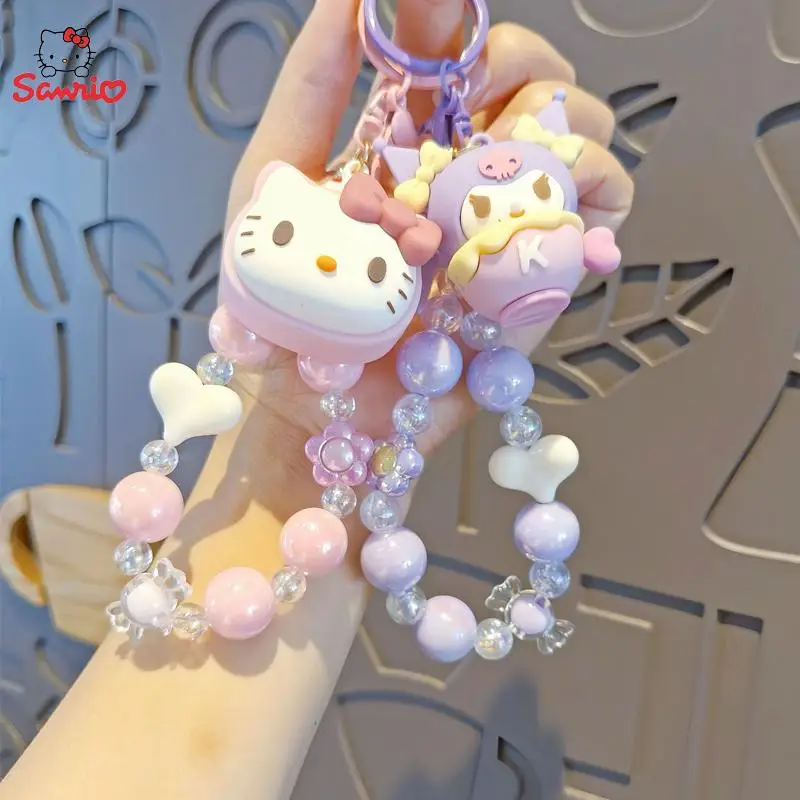 Sanrio Hello Kitty Beaded Keychain Cinnamoroll Kuromi Melody Cartoon Doll Pendant Phone Chain Keychains Bag Pendant Accessories