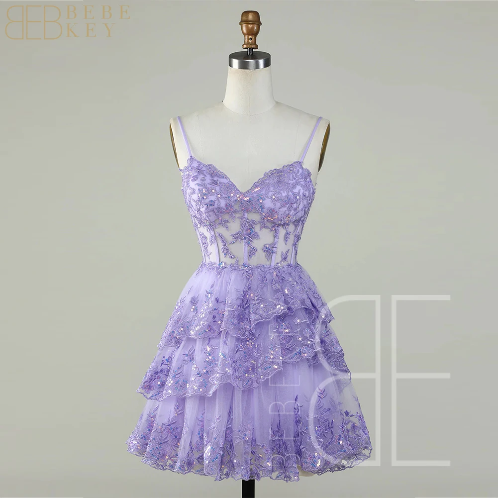 

Cute A Line Spaghetti Straps Purple Sparkly Corset Homecoming Dress Above Knee Prom Party Gown Formal Dress robe de soiree
