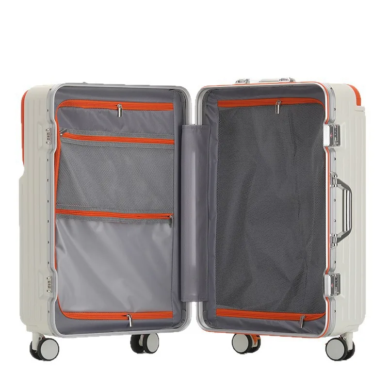 جديد الألومنيوم الإطار الجبهة افتتاح واسعة حقيبة تروللي بعجلات 20 بوصة الناقل متعددة الوظائف 26/28 حقائب سفر سعة كبيرة