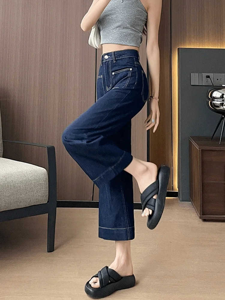 Hohe Taille, weites Bein, neun Punkte, Jeans für Damen, Sommer, dünn, Faion, einfaches Match, hohe Taille, weites Bein, trendiges Ket-Design