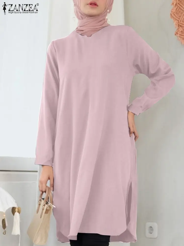 ZANZEA Solid Color Muslim Tops Woman Long Sleeve O-Neck Blouse Spring Fashion Party Islamic Clothing Vintage Casual Shirt Mujer