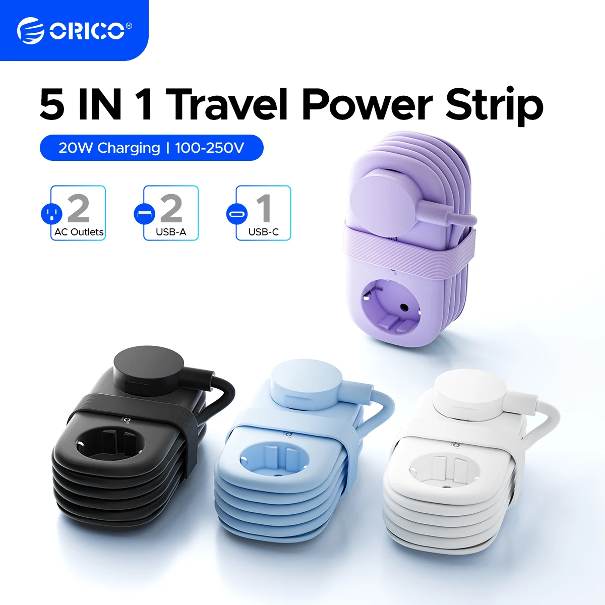ORICO 20W EU Plug Electrical Power Strip with 2AC Outlets 2USB 1 Type-C Port 1.53M Extension Cable Smart Socket for Home/Travel