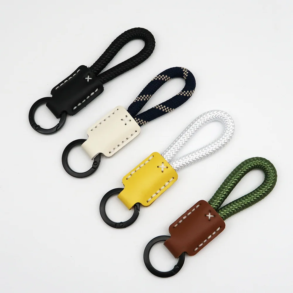 Custom Name Number Cowhide Leather Keyring Braid Rope Laser Personalize Logo Woven Keyring Men's Women's Bag Car Key Chain Ring