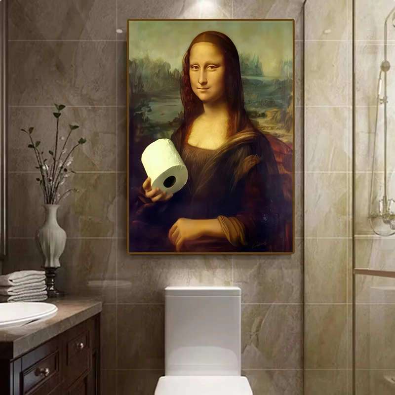 1 peça de Decoração Divertida Abstrata para Banheiro e Casa, Pôster de Parede Sem Moldura com Menina Mona Lisa Excêntrica com Pérolas para Decoração d