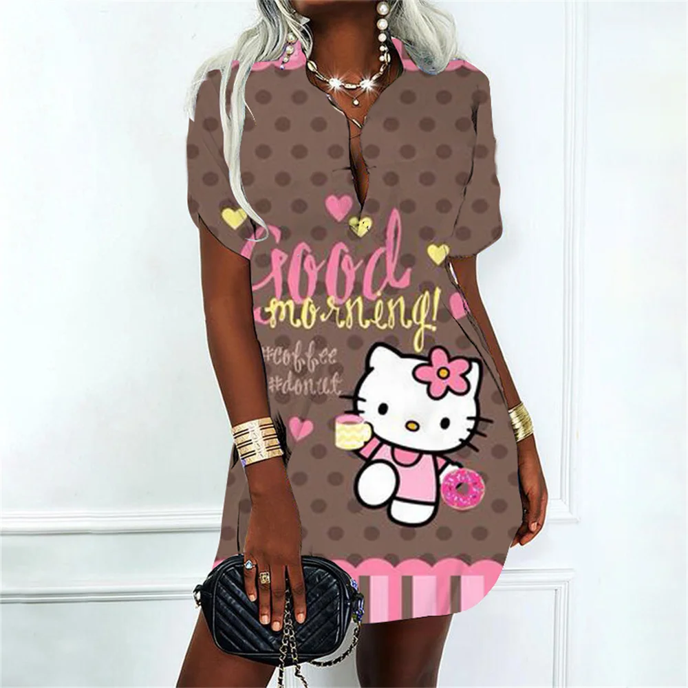 Women\'s Dress Party Dresses Hello Kitty Polo Shirt Kawaii Clothes Lovely Cartoon Prom Gown Streetwear Sexy Costume Women Fashion