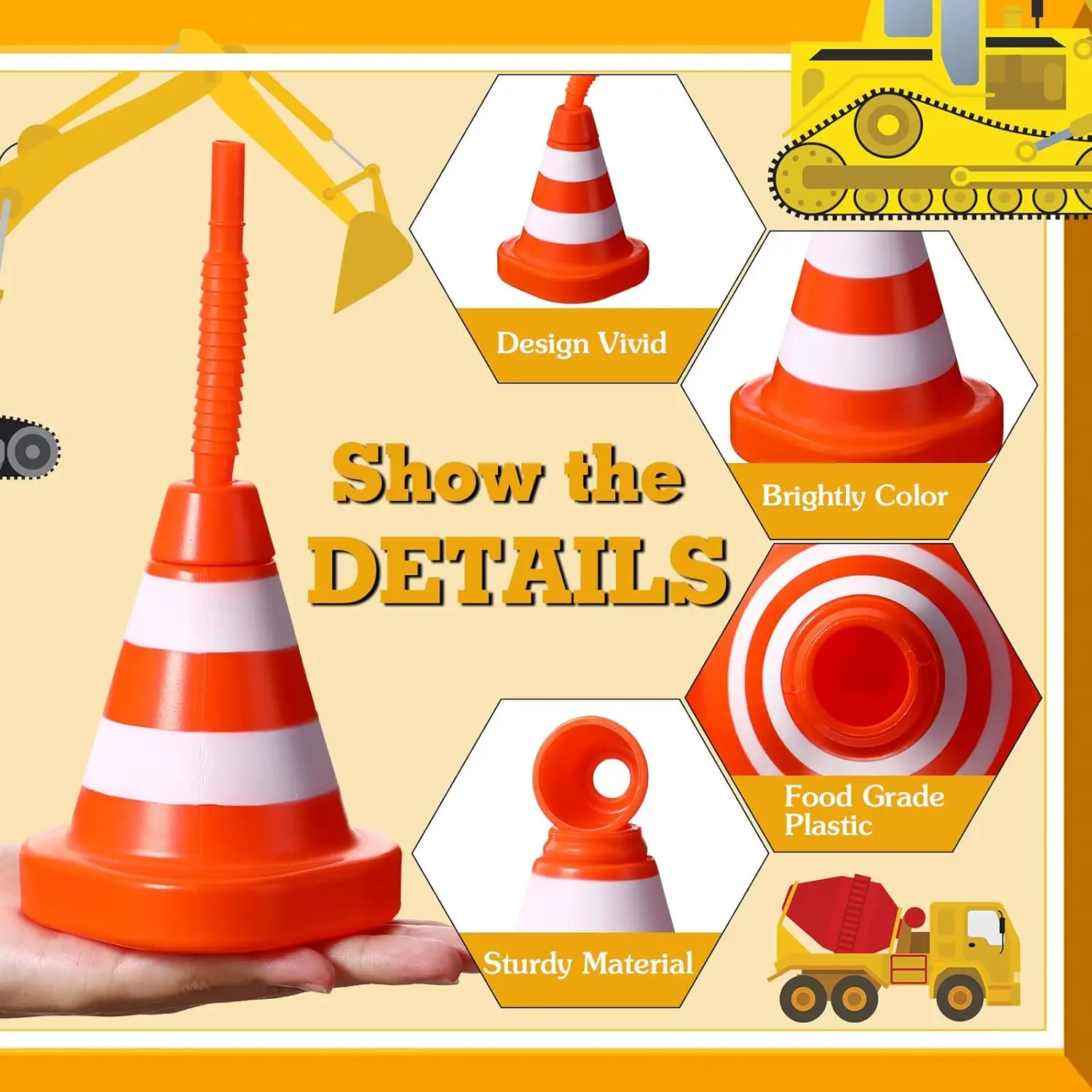 Construction Cone Cups with Straws, Traffic Party Favor Cups,Kids Party Race Cups Set for Construction Traffic Theme Racing Car