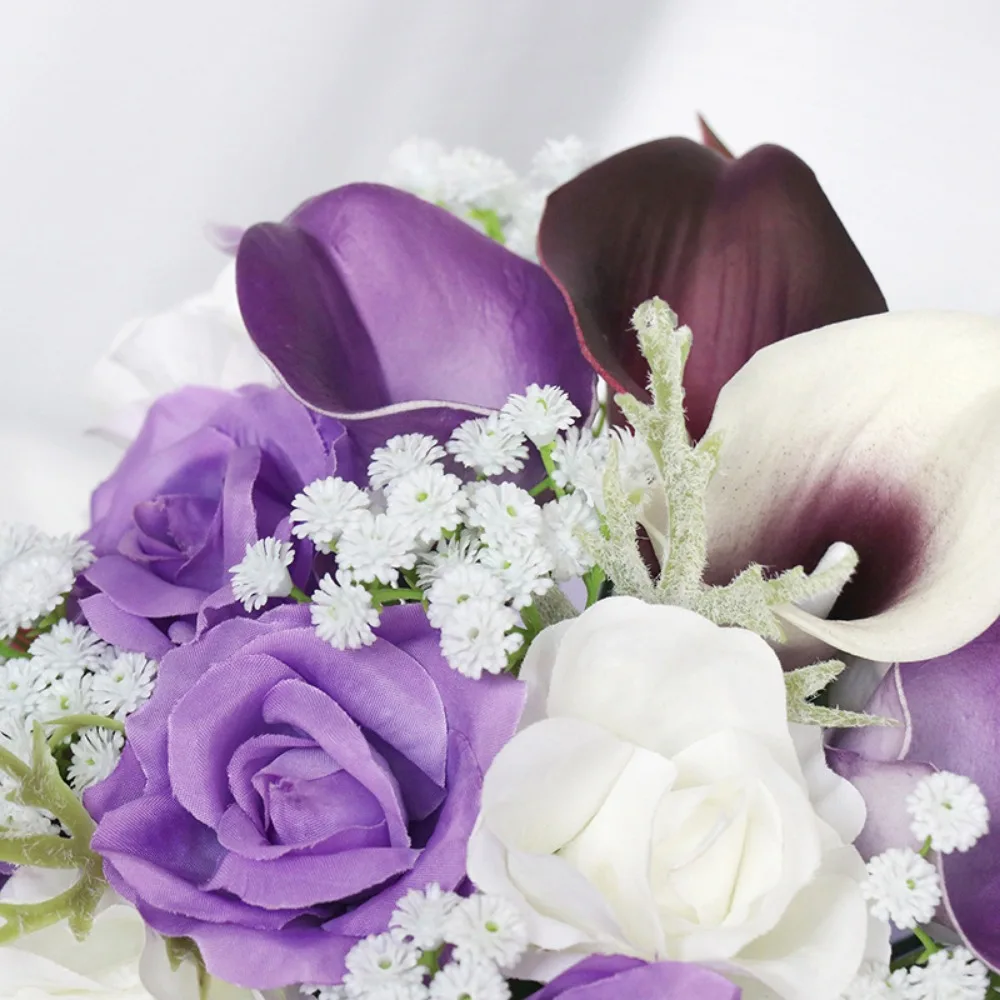 Bouquets de mariage de lys calla blancs artificiels pour les mariées, goutte d'eau, cascade tenant des fleurs, violet injRose