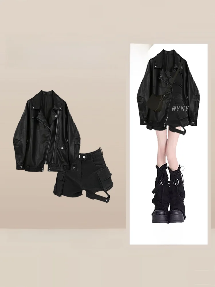 Cool Spicy PU Leather Jacket And Shorts Two-Piece Set for Women High Waist Short Pants Loose Fit Biker Style Autumn Winter Ou...