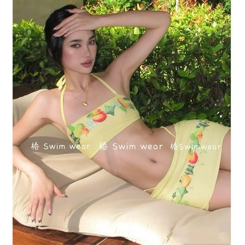 Tropical Fruit Print Yellow Halter Bandeau Bikini Three Piece Set Women Wrap Skirt Swimsuit For Island Vaion