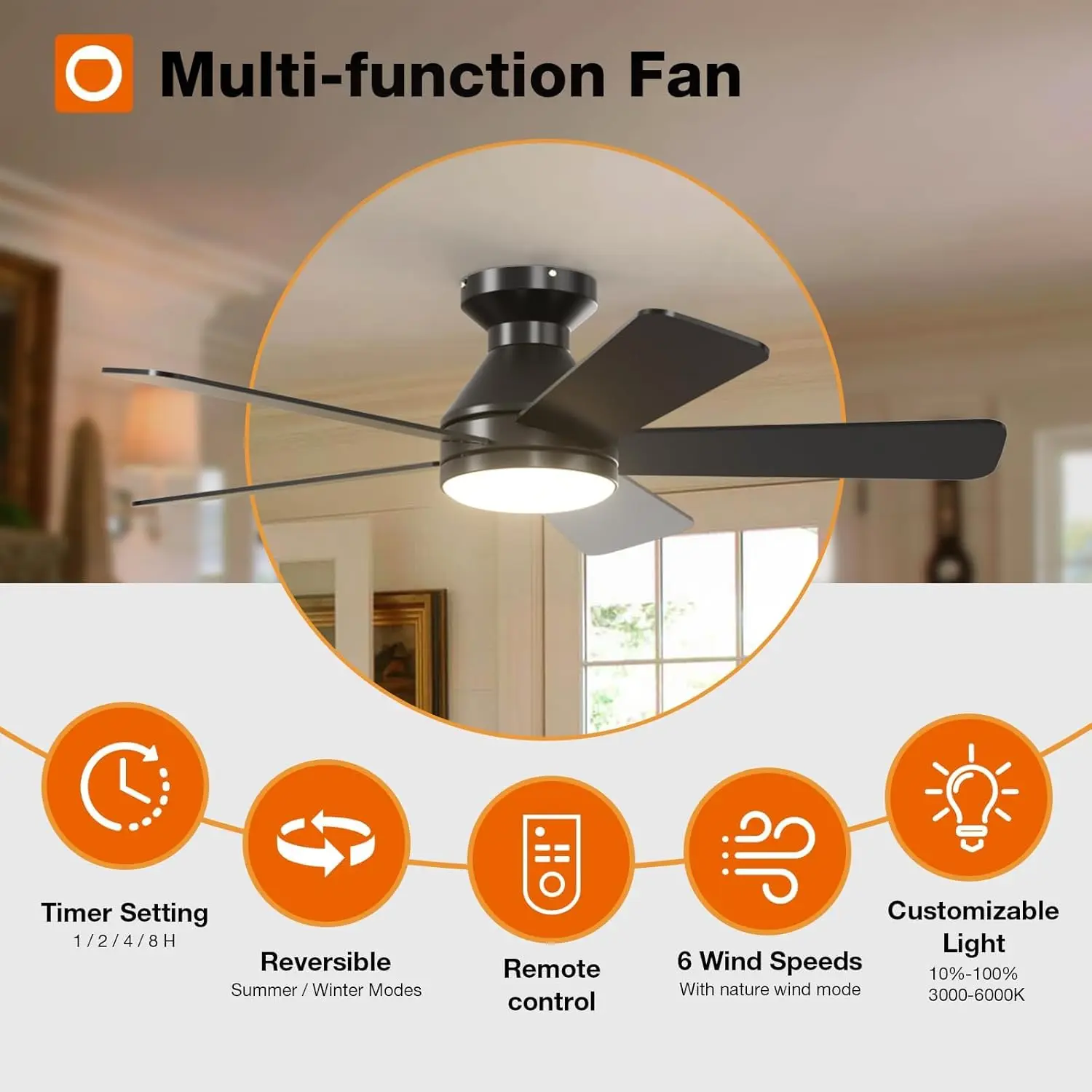 Addlon Ceiling Fans With Lights, 42 Inch Low Profile Ceiling Fan With Light And Remote Control, Flush Mount, Reversible, 3Cct,