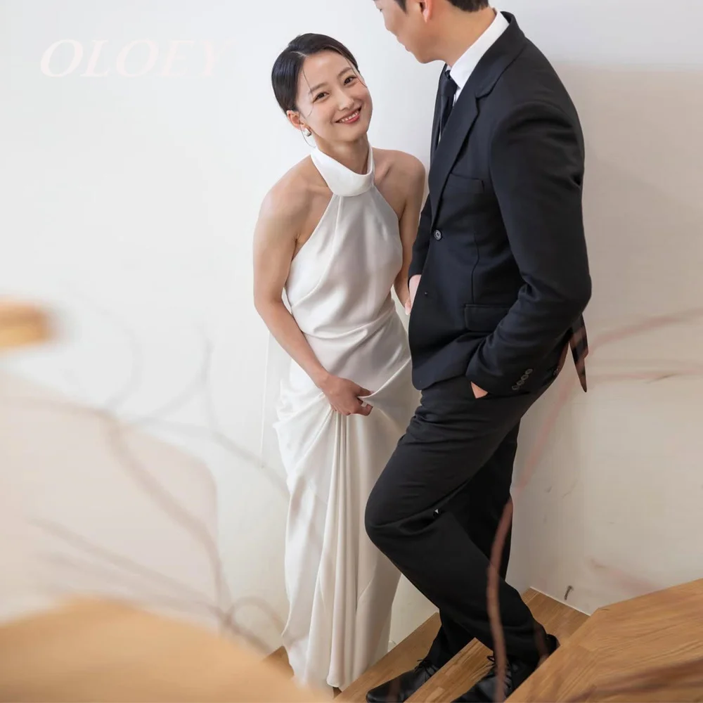 

OLOEY Simple Halter Wedding Dresses Pleats Silk Satin Korea Photoshoot Bridal Gowns Zip Back Floor Length Customized