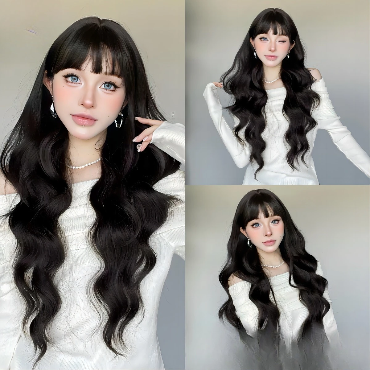 

Wig female long hair full head cover type natural whole long curly hair lazy water ripple medium part wig cover