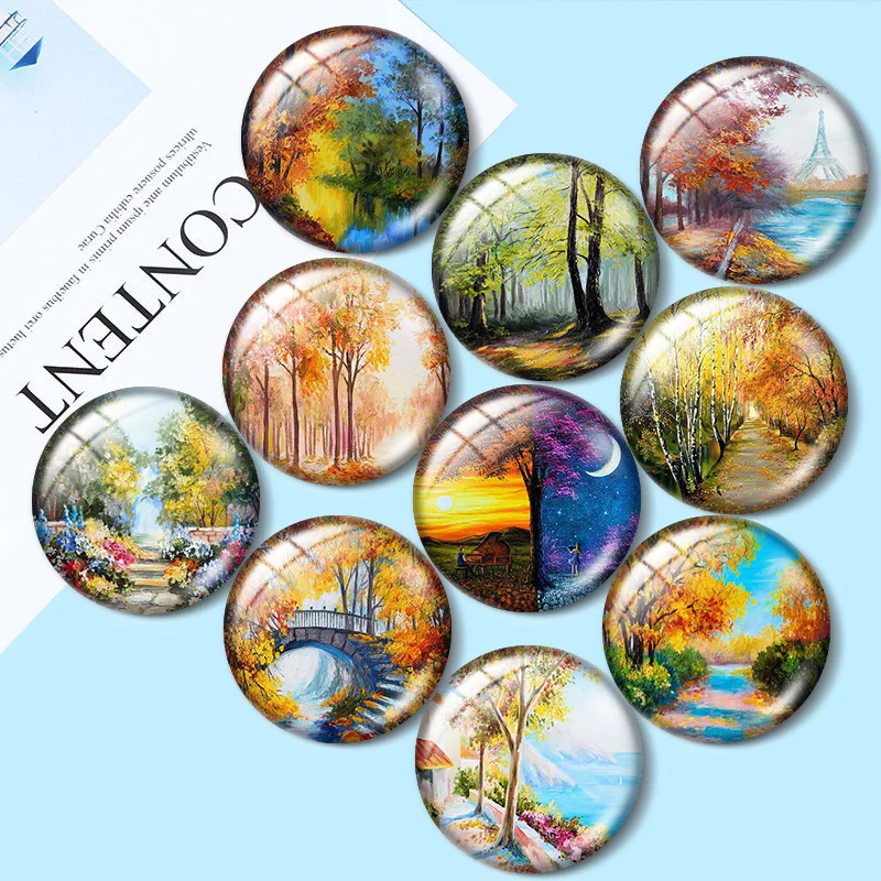 Summer Forest With Flowers Graphic Art 10pcs 12mm/16mm/18mm/25mm Round Photo Glass Cabochon Demo Flat Back Making findings