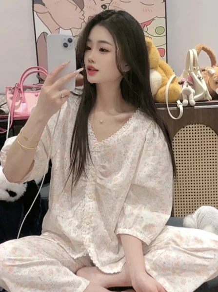 2025 Summer Fresh Sweet Cute Casual Cotton Floral Pajamas Loose Fit Wearable Homewear Set