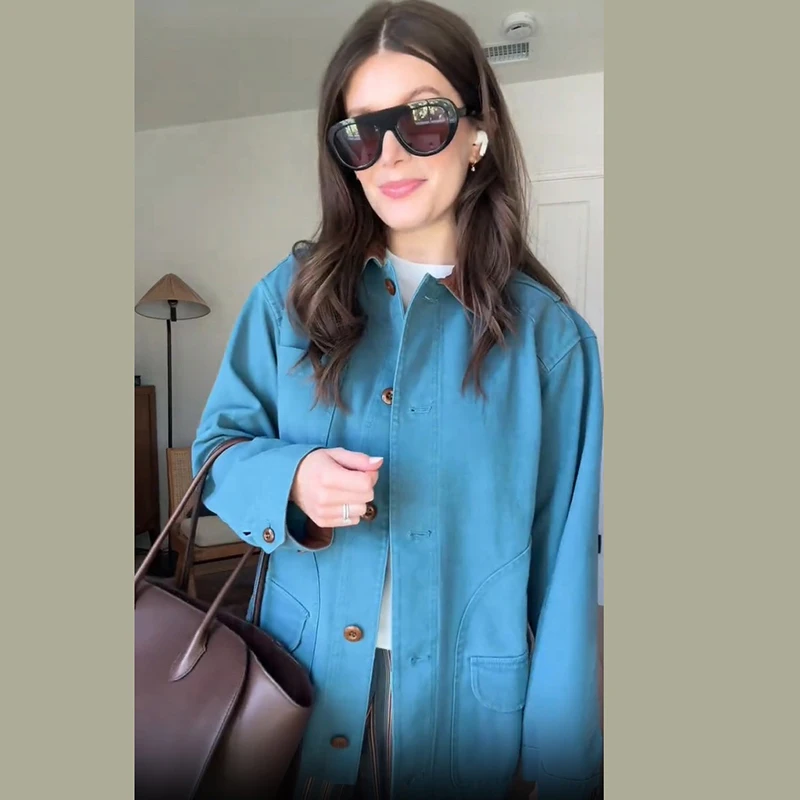 2026 New Women Contrast Collar Workwear Jacket Button Down Multi Pocket Oversize Long Sleeve Casual Outer Coat