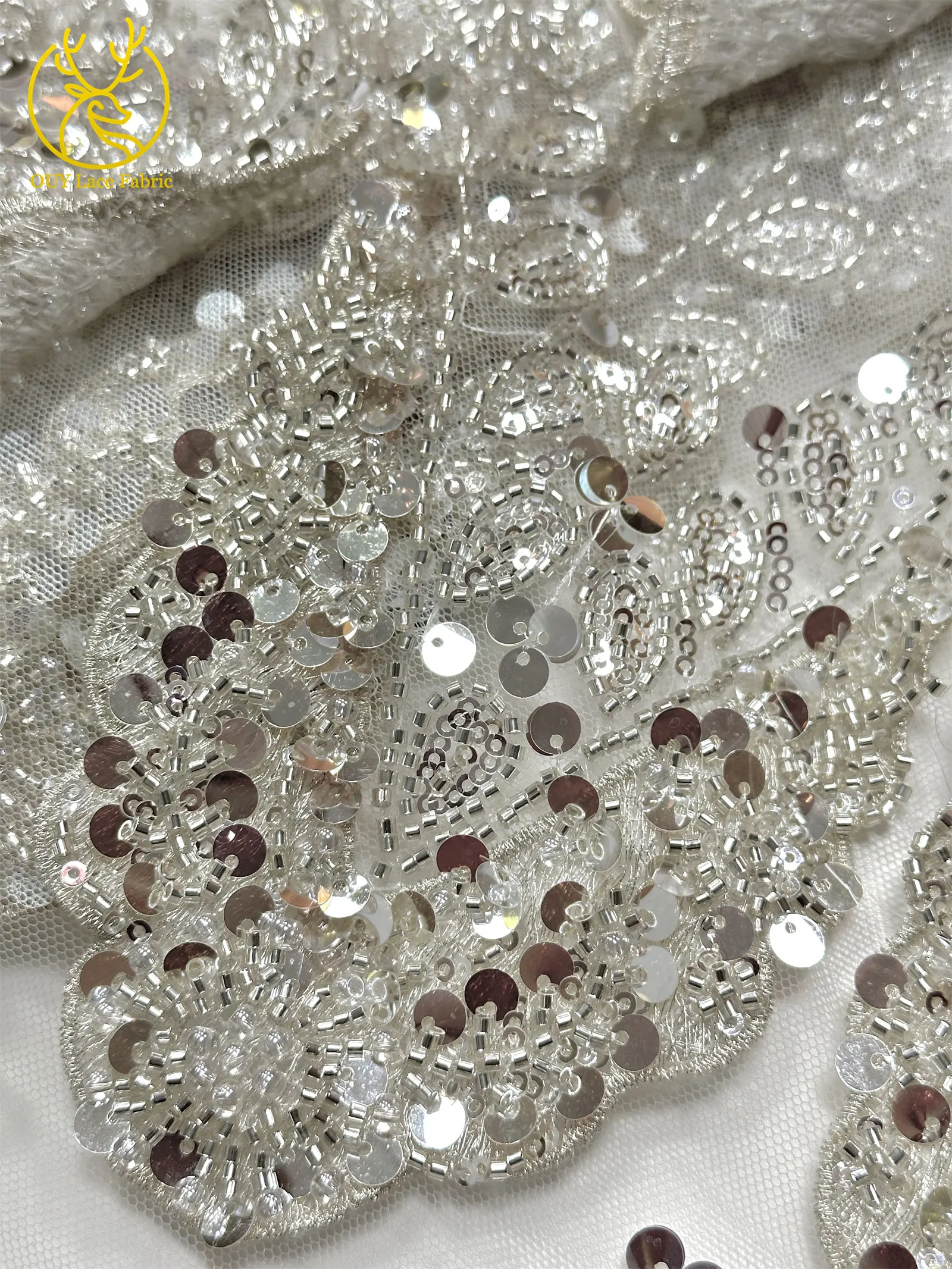 Hochwertiger luxuriöser französischer 3D-handbestickter Perlen-Spitzenstoff, 5 Yards, afrikanischer nigerianischer Pailletten-Spitzenstoff für Braut- und Partykleider – Detail 14