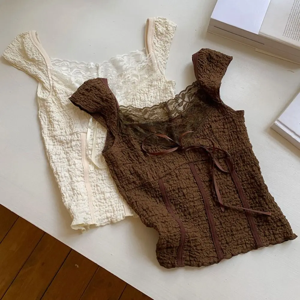 Ins Sweet Slim Crop Top Korean Style Female Clothing Short Sleeve T-shirt Spicy Girl Bottoming Shirt Lace Bow T-Shirt Women Girl