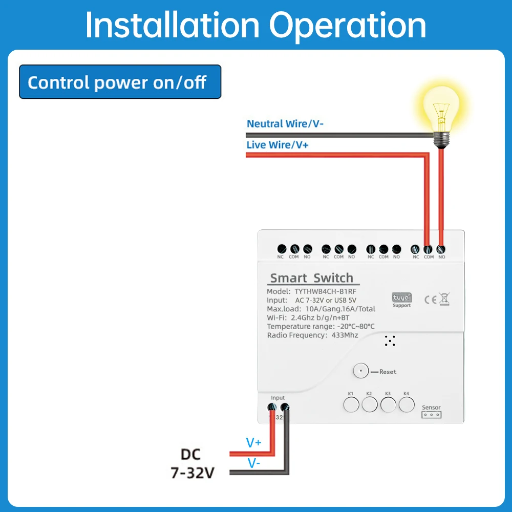 Tuya 4 Gang Smart Switch with Temperature or Humidity Sensor Passive Dry Contact 32V 250V Switch Relay Alexa Compatible 433Mhz