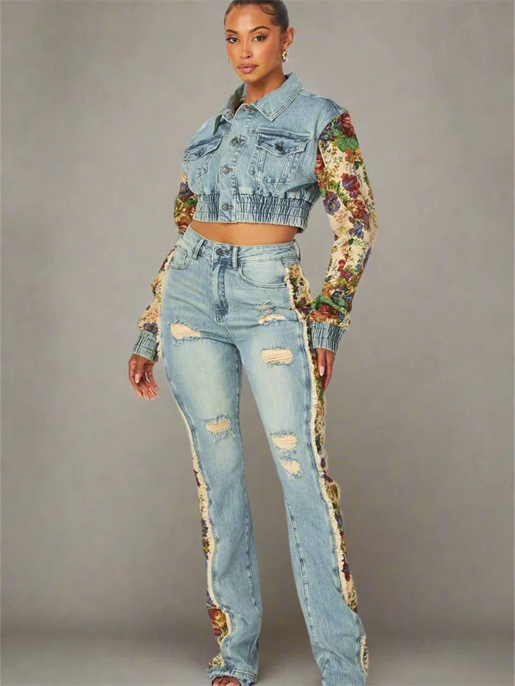 여성용 카모 프린트 데님 2 종 세트, 싱글 브레스트 크롭 재킷, 고민 불규칙 청바지, 스트리트 트렌드 세트
