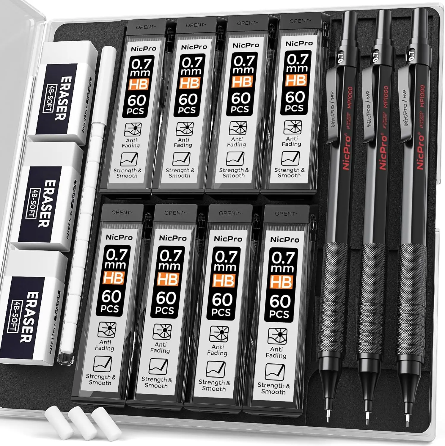 

Набор механических карандашей 0,7 мм с металлическим корпусом, 3 карандаша, сменные грифели и ластики для рисования, письма, скетчинга