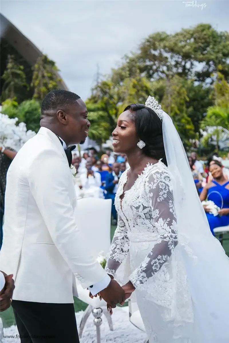 Vestido de casamento bainha africano personalizado com trem destacável elegante mangas alargadas apliques de renda vestidos de noiva