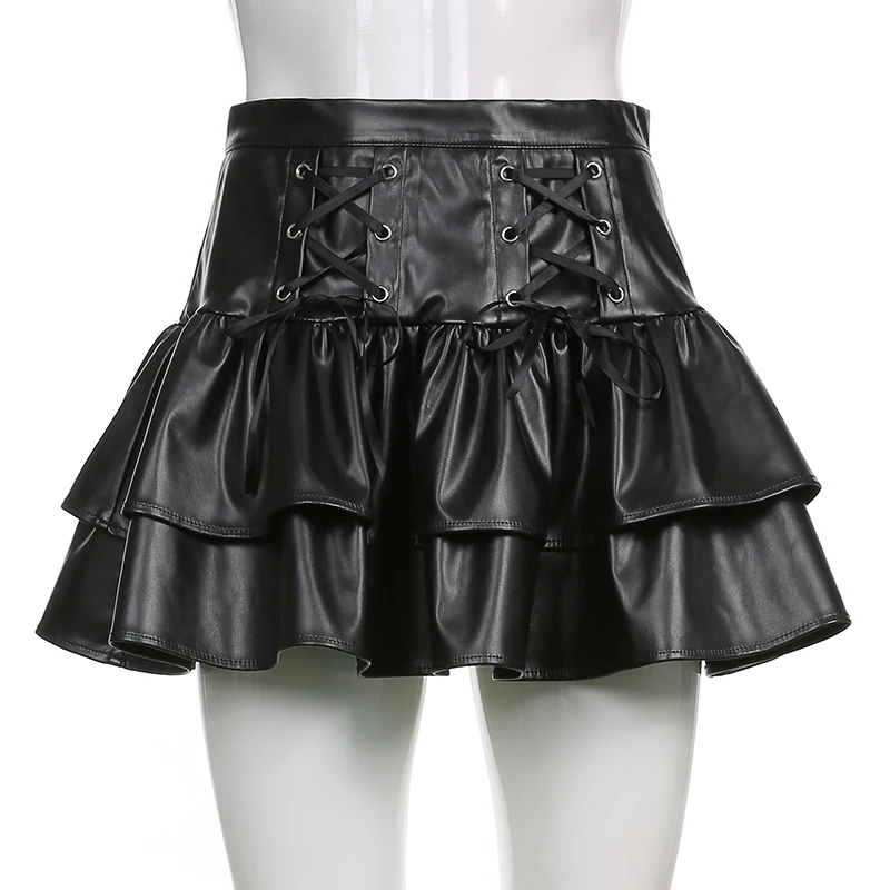 PU Leather Mini Skirts Punk Style High Waist Lace Up Bandage Black Pleated Skirt Streetwear Girls Dark Academia Clothes