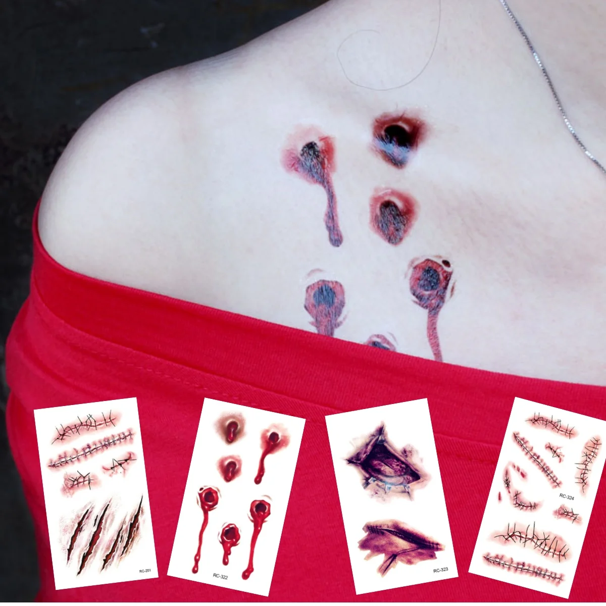 8 feuilles Halloween terreur plaie tatouage temporaire imperméable réaliste sang tatouages blessure cicatrice tatouage autocollants pour visage mains