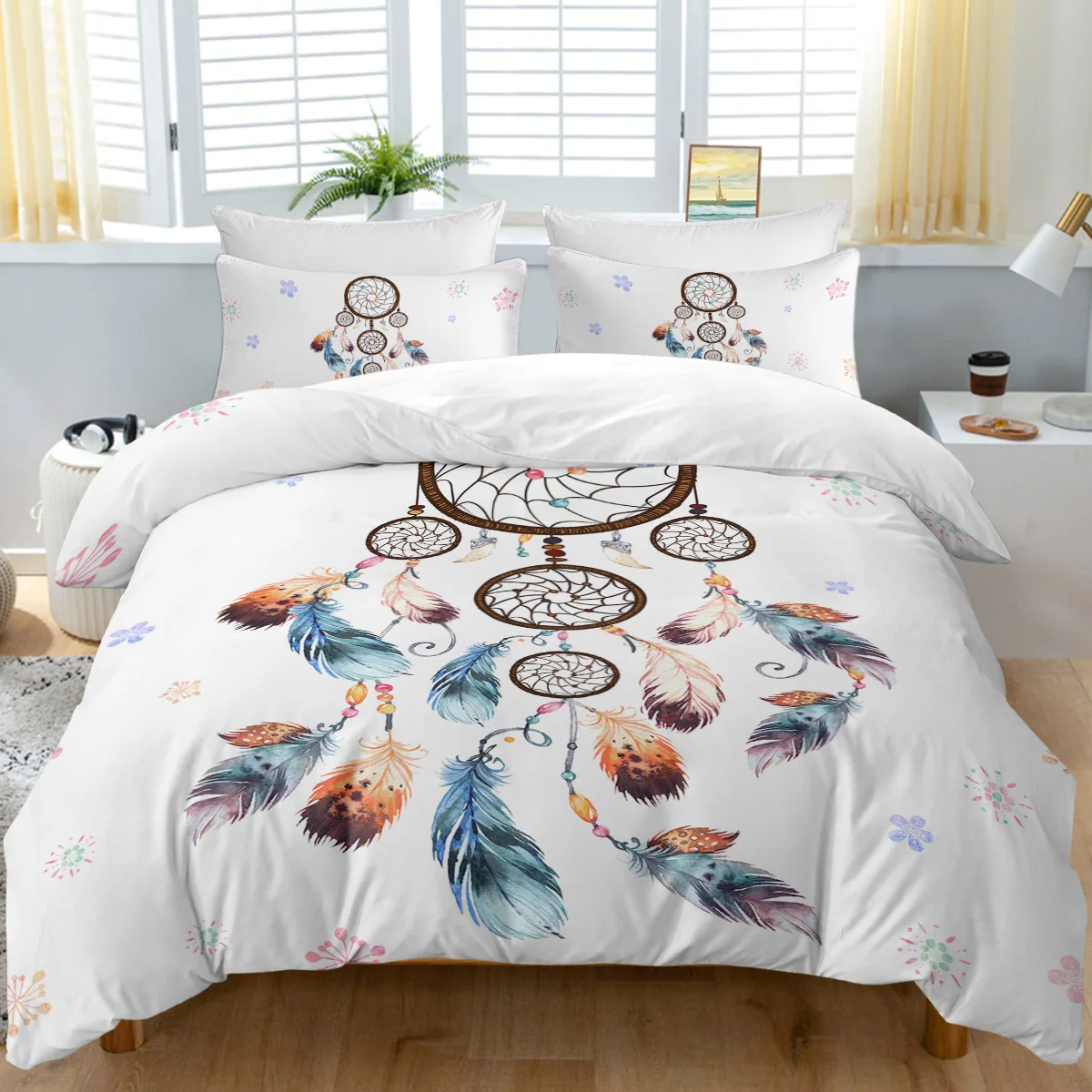 3pc Five Dreamcatcher with Blue and Brown Feathers Printed Bedding Set with Zipper Closure 1 Duvet Cover and 2 Pillow Cases