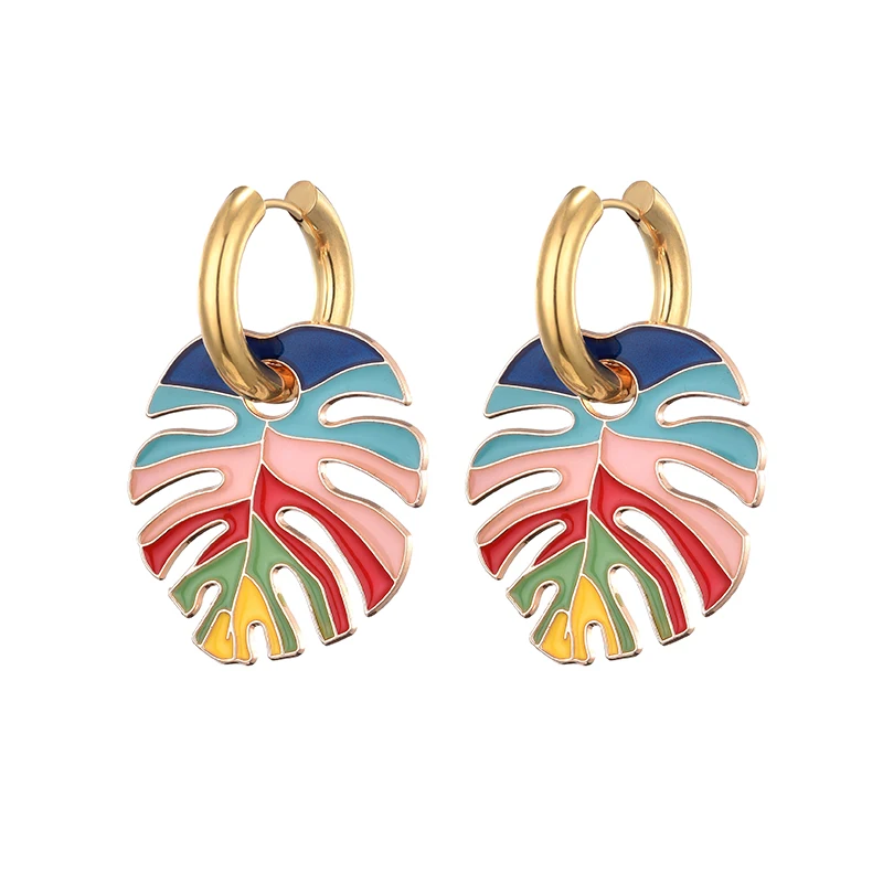 Hot Colorful Leaf Pendant Gold Color Stainless Steel Earrings For Women Jewelry Vintage Statement Enamel Round Hoop Earrings