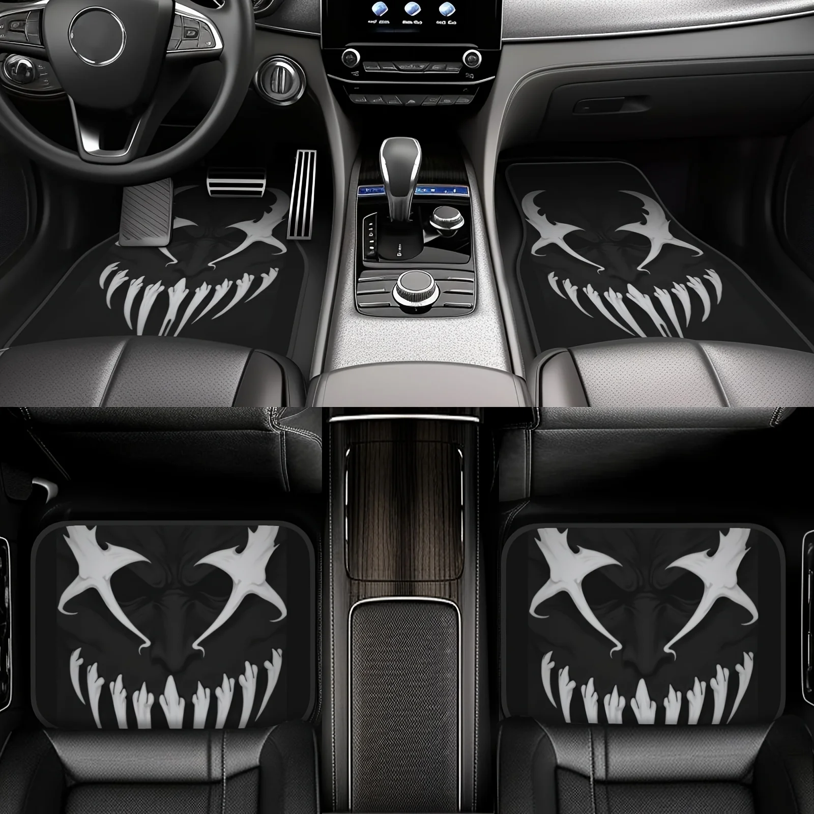 4pcs Devil Face Pattern Car Floor Mats, Universal Fit, Easy To Clean, Compatible With All Vehicle Interior Accessories, Suitable