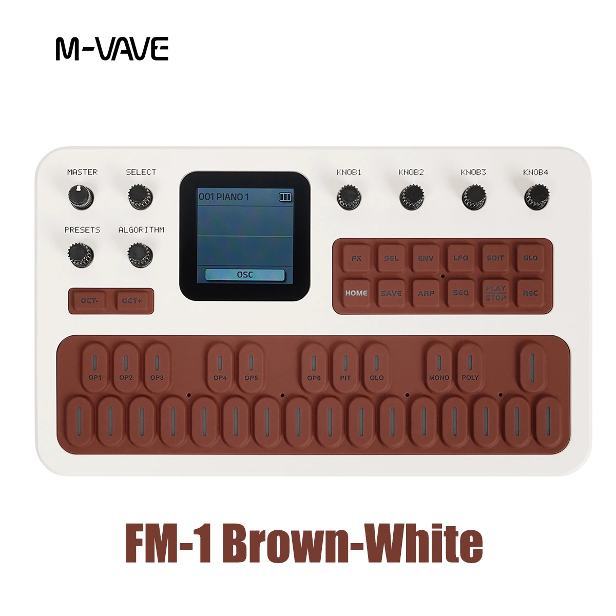 M-VAVE FM-1 (SK15) Brown-White FM Synthesizer – 6 Operators,32 Algorithms,128 Presets,27 Keys,Built-in Speaker,12-Hour Battery