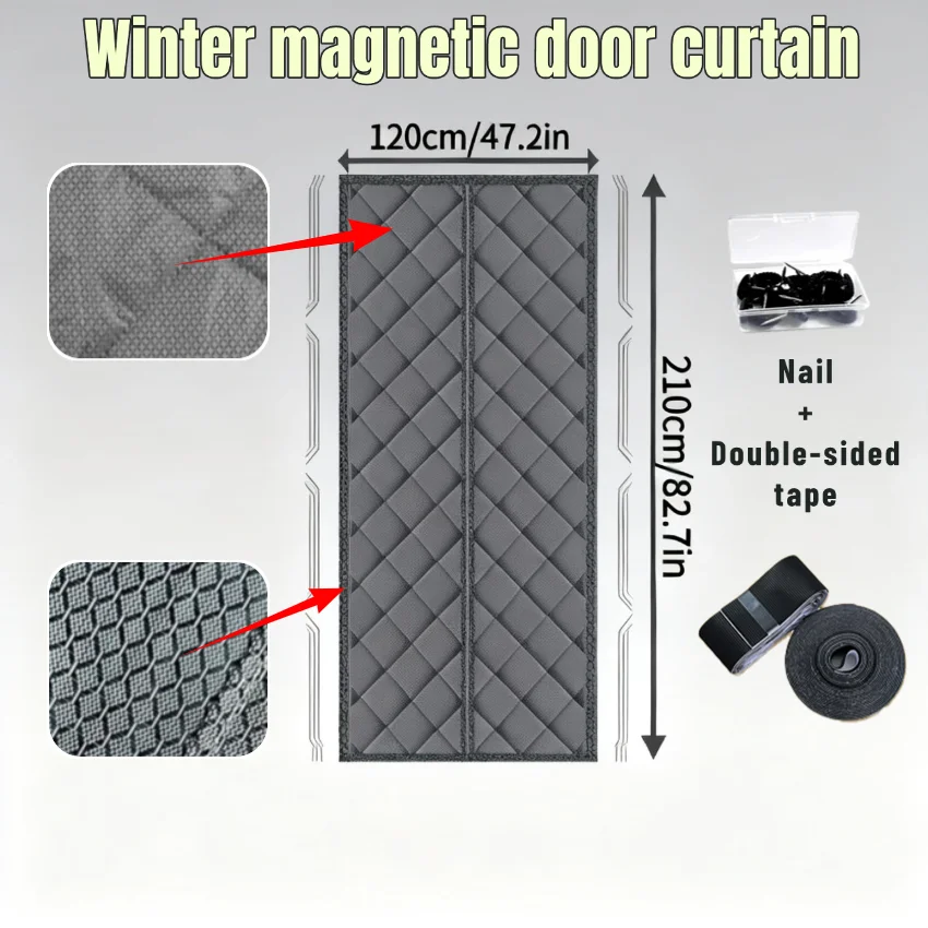 Diamond shaped magnetic door curtain with 4cm wide edge for warmth and cold protection, no need for punching holes, self-priming
