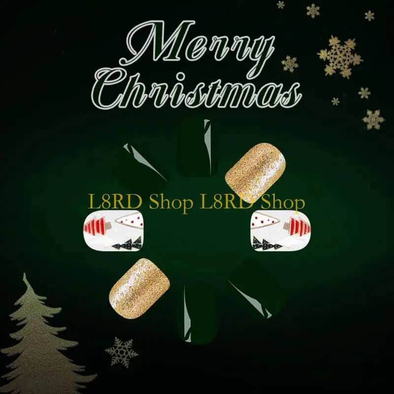 L8RD Press On 24Pcs Golden Glitters Holiday Design Quick Apply
