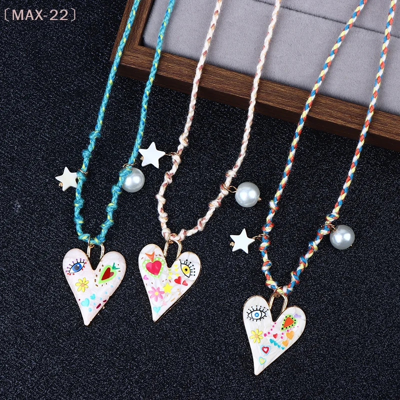 〔MAX-22〕Handmade Knotted Rope Heart Pendant Necklace Fashion Sweater Chain Stackable Star Pearl Necklace For Women Jewelry Gift