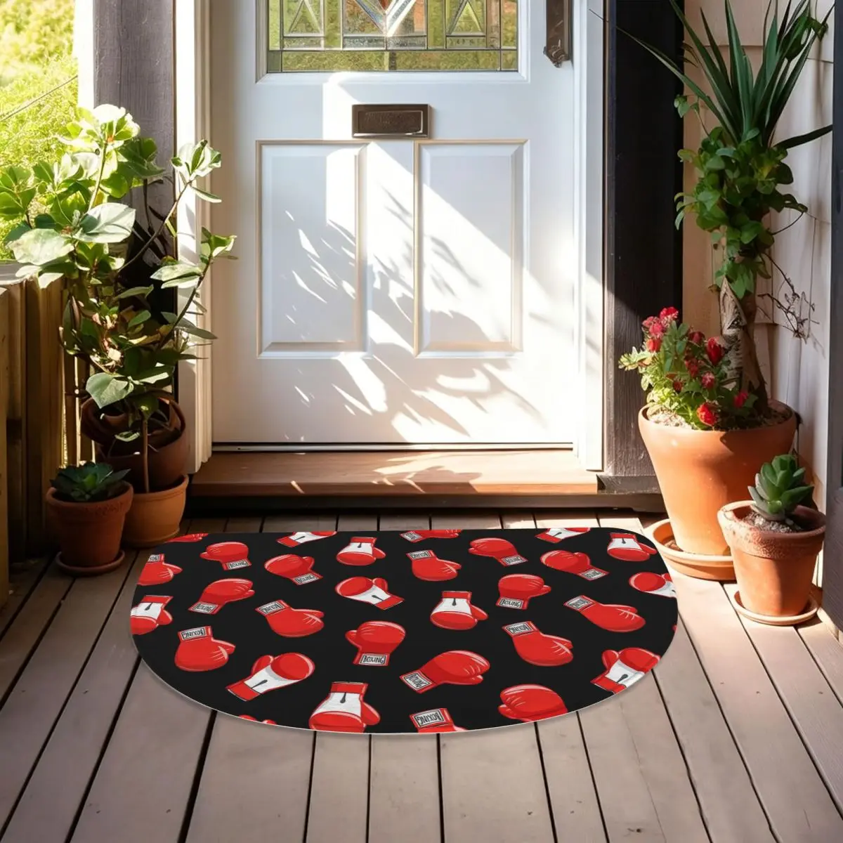Red Boxing Gloves Soft Flannel Half Round Doormat Non Slip Bathroom Mat Absorbent Floor Carpet for Living Room
