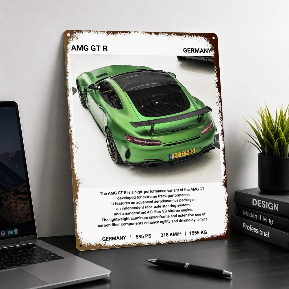 Germany AMG GT R Green Sports Car Textured Poster Customized Metal Tin Sign Speed Icon Tribute Wall Art Made For Garage Owners